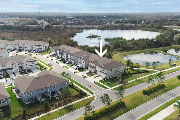 a view of a lake in middle of the town