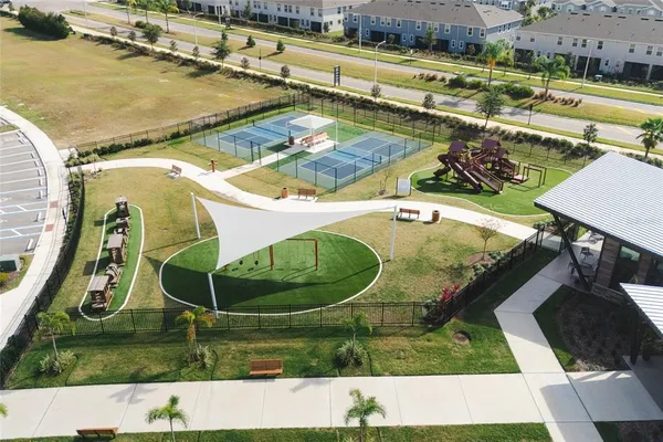 an aerial view of a swimming pool