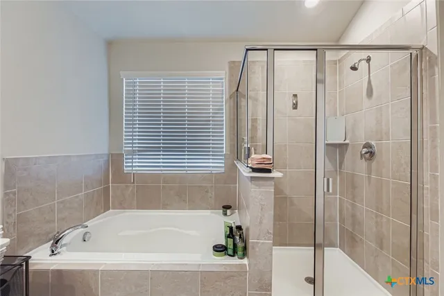 a bathroom with a shower and a bathtub