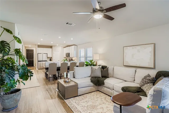 a living room with furniture potted plant and a window