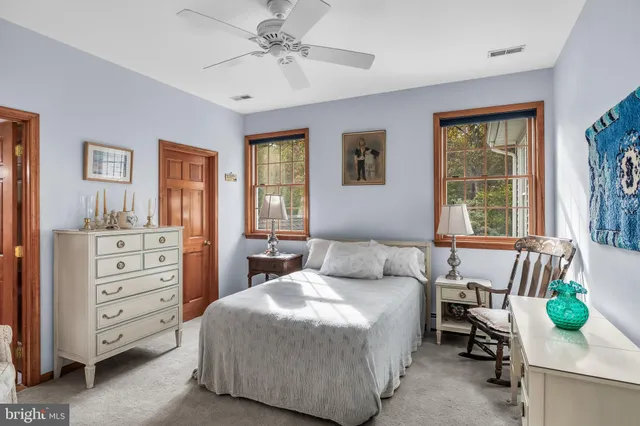 a bedroom with a bed and windows