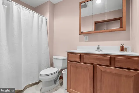 a bathroom with a sink a toilet and shower curtain