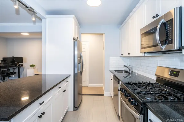 a kitchen with stainless steel appliances granite countertop a stove a sink and a microwave