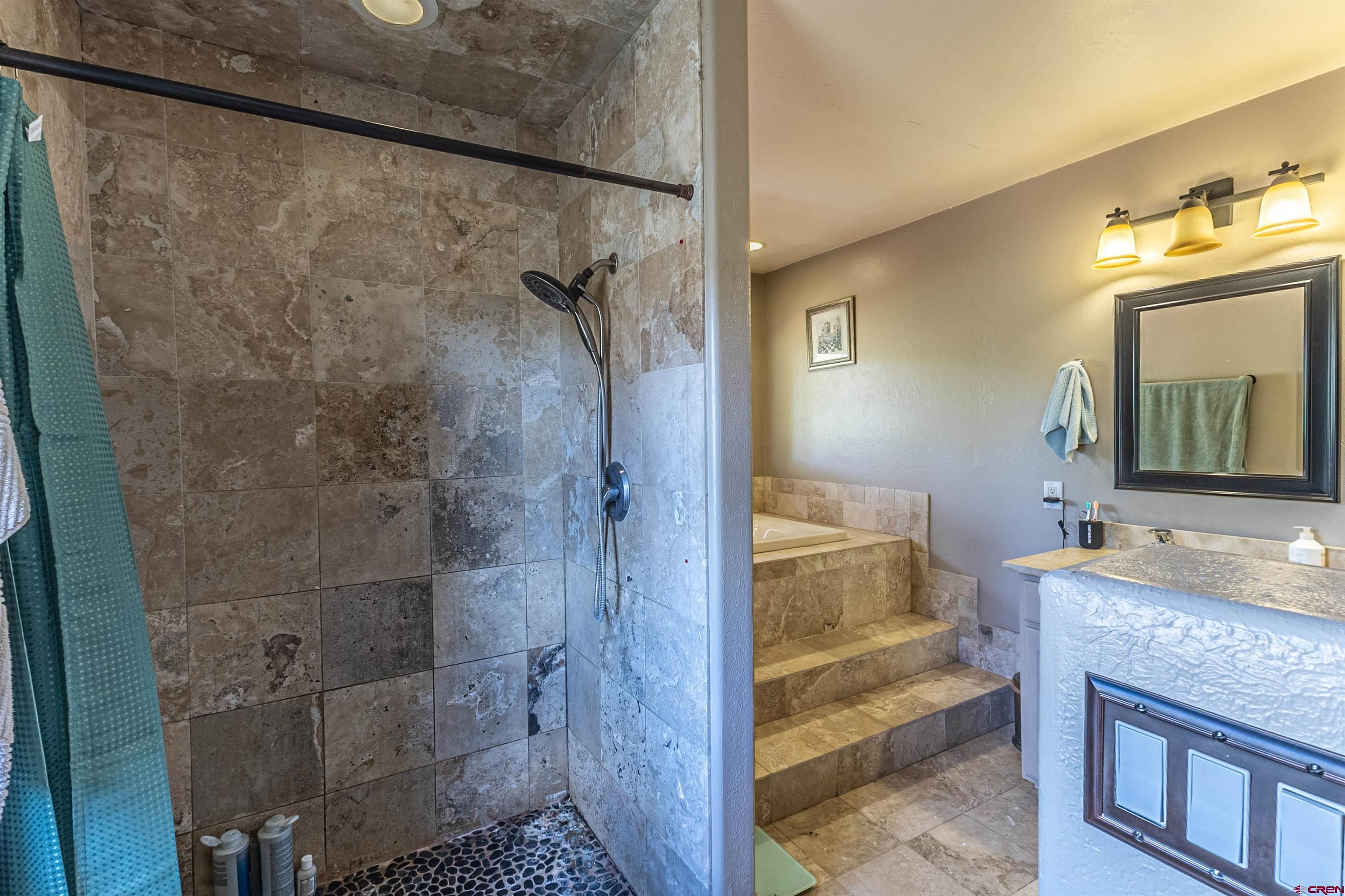 18 Road 2617 Aztec, NM 87410 - Photo 22 of 45 a bathroom with a granite countertop shower a sink and a mirror