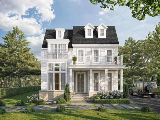 a front view of a building with a garden and plants