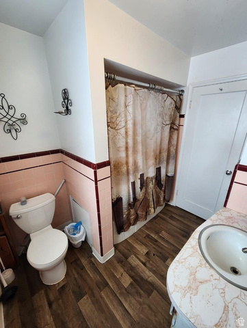 102 South Main Street Paris, ID 83261 - Photo 15 of 33 Bathroom with vanity, a shower with curtain, dark wood finished floors, wainscoting, and tile walls