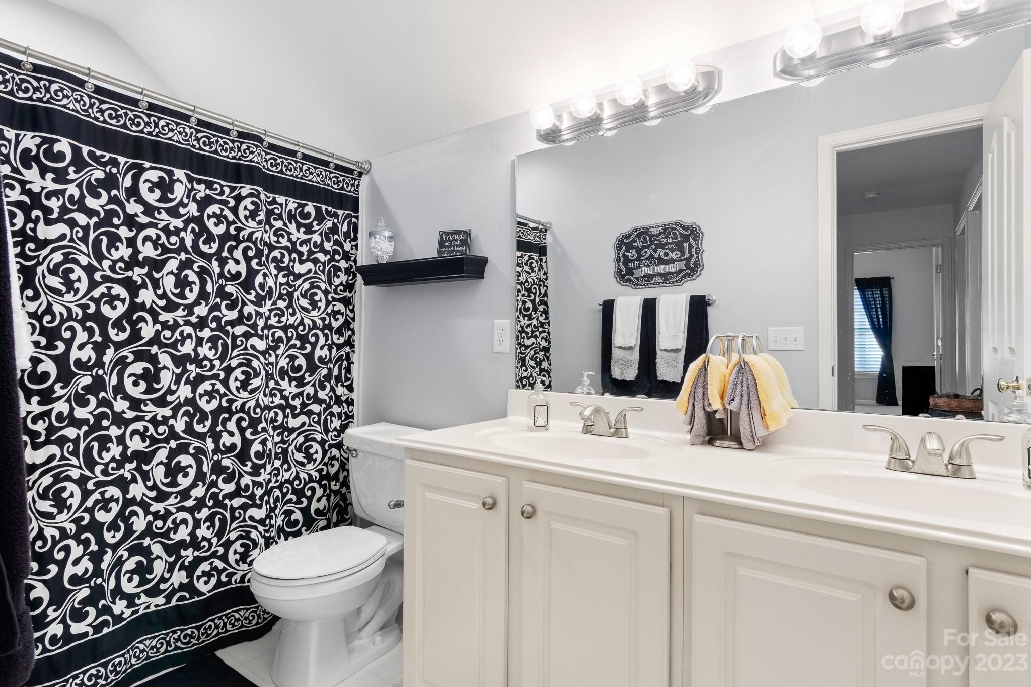 741 Knightswood Road Fort Mill, SC 29708 - Photo 43 of 47 a bathroom with a sink a toilet a mirror and shower curtain