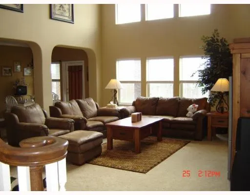 a living room with furniture flowerpot and a large window