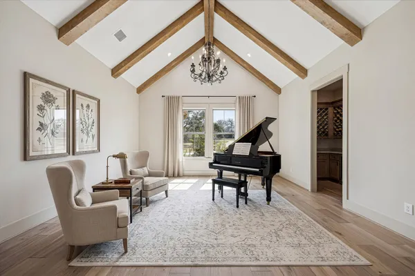 a view of a dining room with furniture