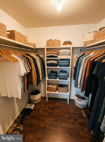 a view of walk in closet with clothes and shoes