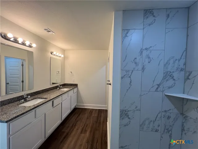 a bathroom with a granite countertop sink and a mirror