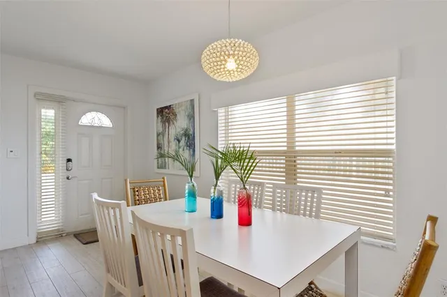 a view of a dining room with furniture
