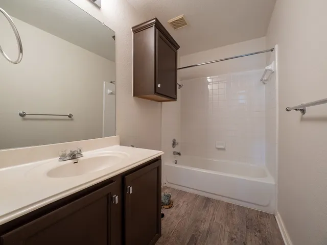 a bathroom with a sink a mirror and a bathtub
