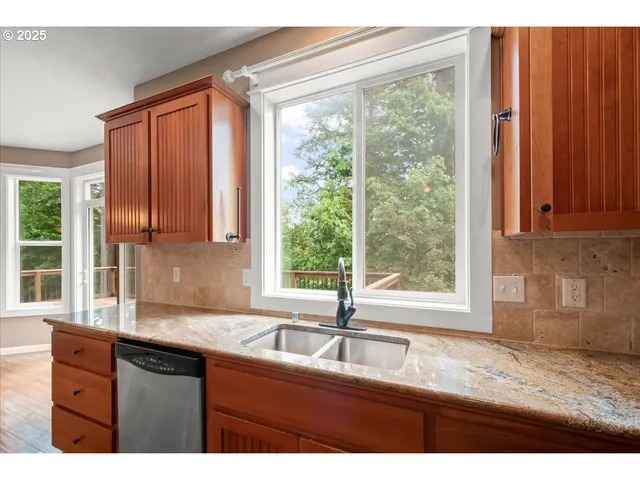 a kitchen with granite countertop wooden cabinets a sink a window and a potted plant