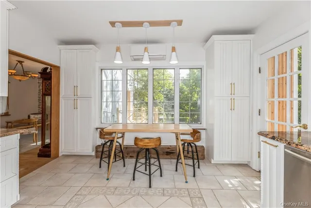 a view of a a dining room with furniture window and outside view