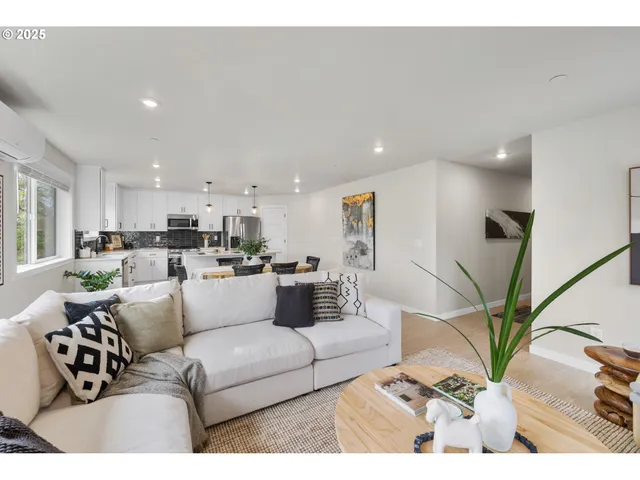 a living room with furniture with kitchen view and a potted plant