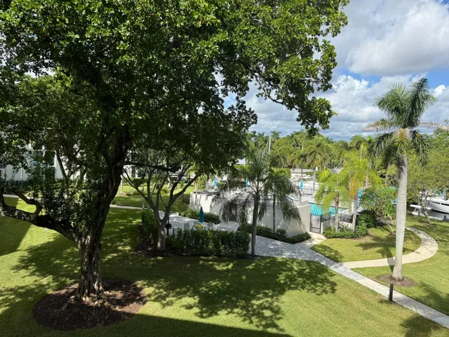a garden view with a fountain