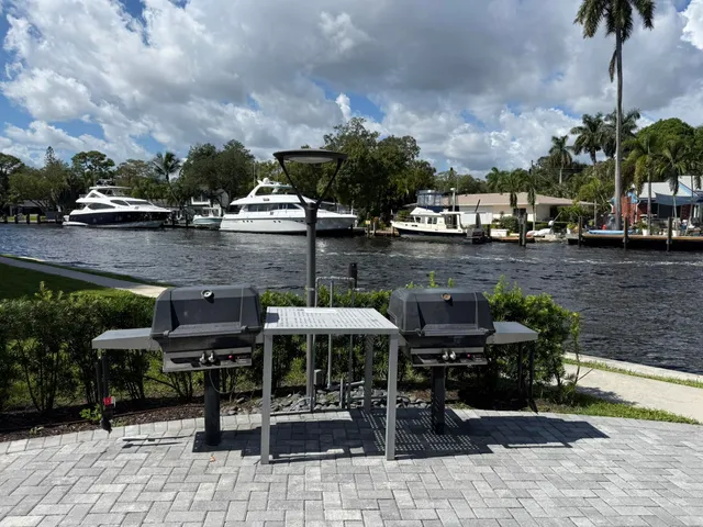 a view of a lake with sitting area