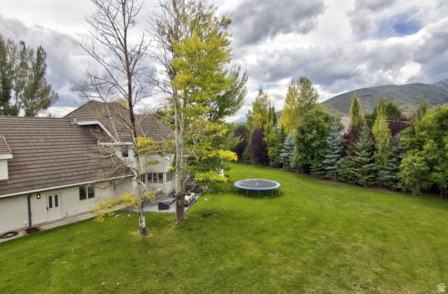 180 Farm Road Midway, UT 84049 - Photo 15 of 99 Expansive green lawn, mature trees, mountain backdrop, multi-story structure with a brown tile roof, and a visible patio area