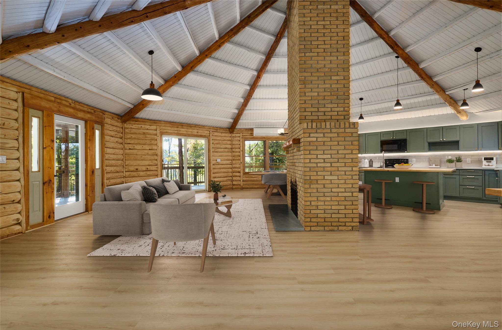 568 Oak Summit Road Millbrook, NY 12545 - Photo 13 of 50 Living room with high vaulted ceiling, beam ceiling, healthy amount of natural light, light wood-style floors, and rustic walls