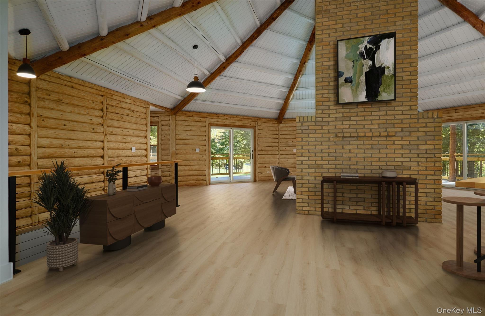 568 Oak Summit Road Millbrook, NY 12545 - Photo 17 of 50 Living room with high vaulted ceiling, beam ceiling, wood finished floors, and log walls