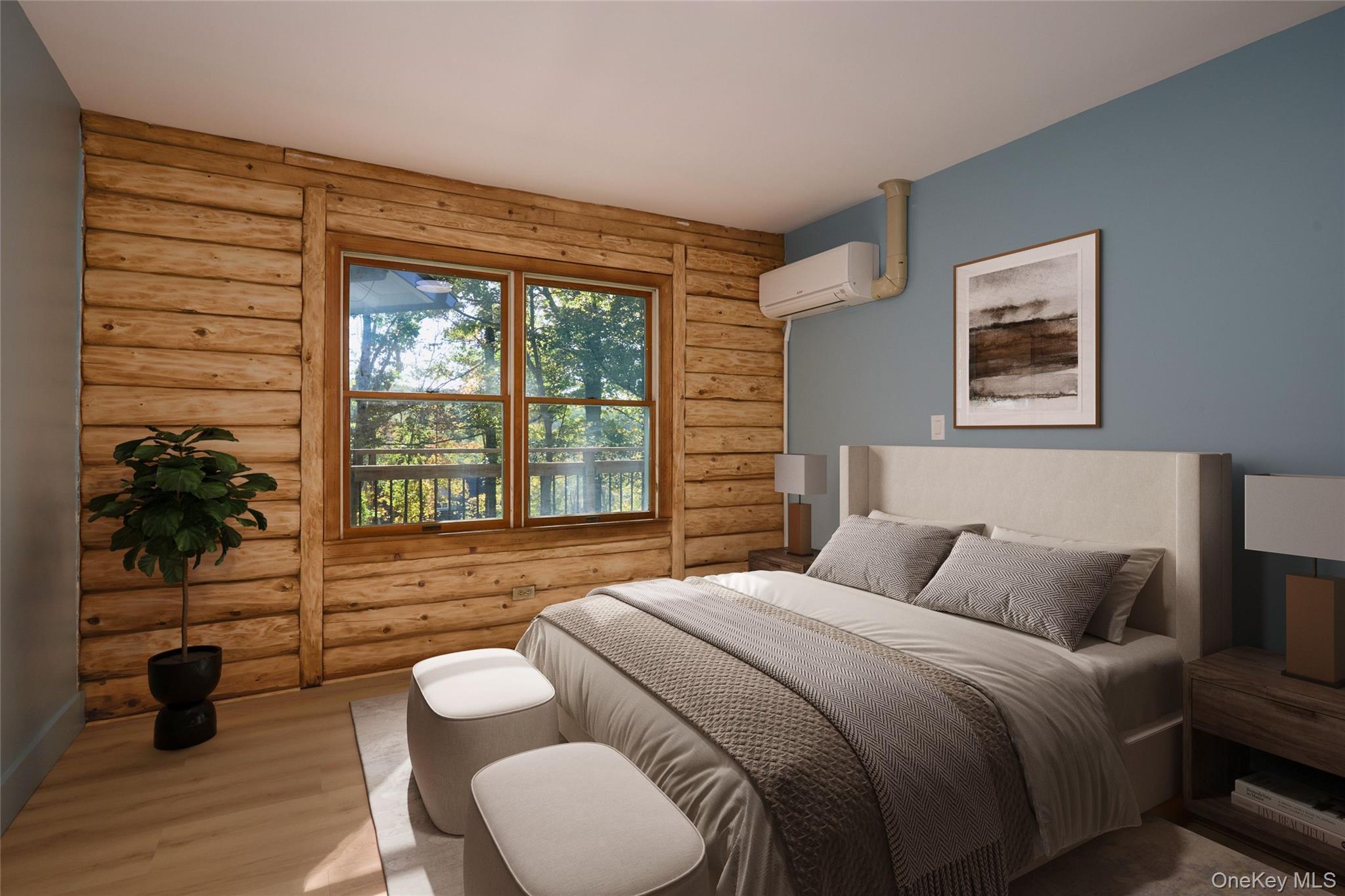 568 Oak Summit Road Millbrook, NY 12545 - Photo 32 of 50 Bedroom with rustic walls, wood finished floors, and a wall unit AC