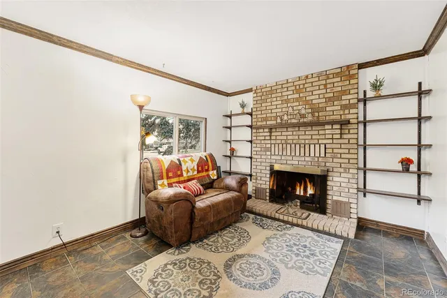 a living room with furniture a rug and a fireplace