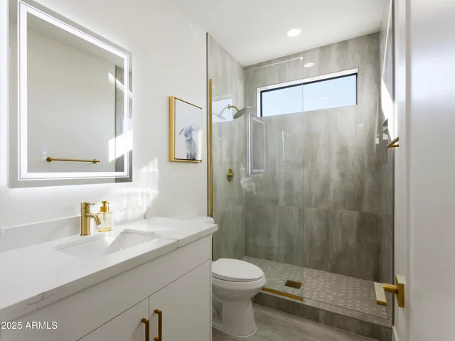 a bathroom with a sink a toilet and shower