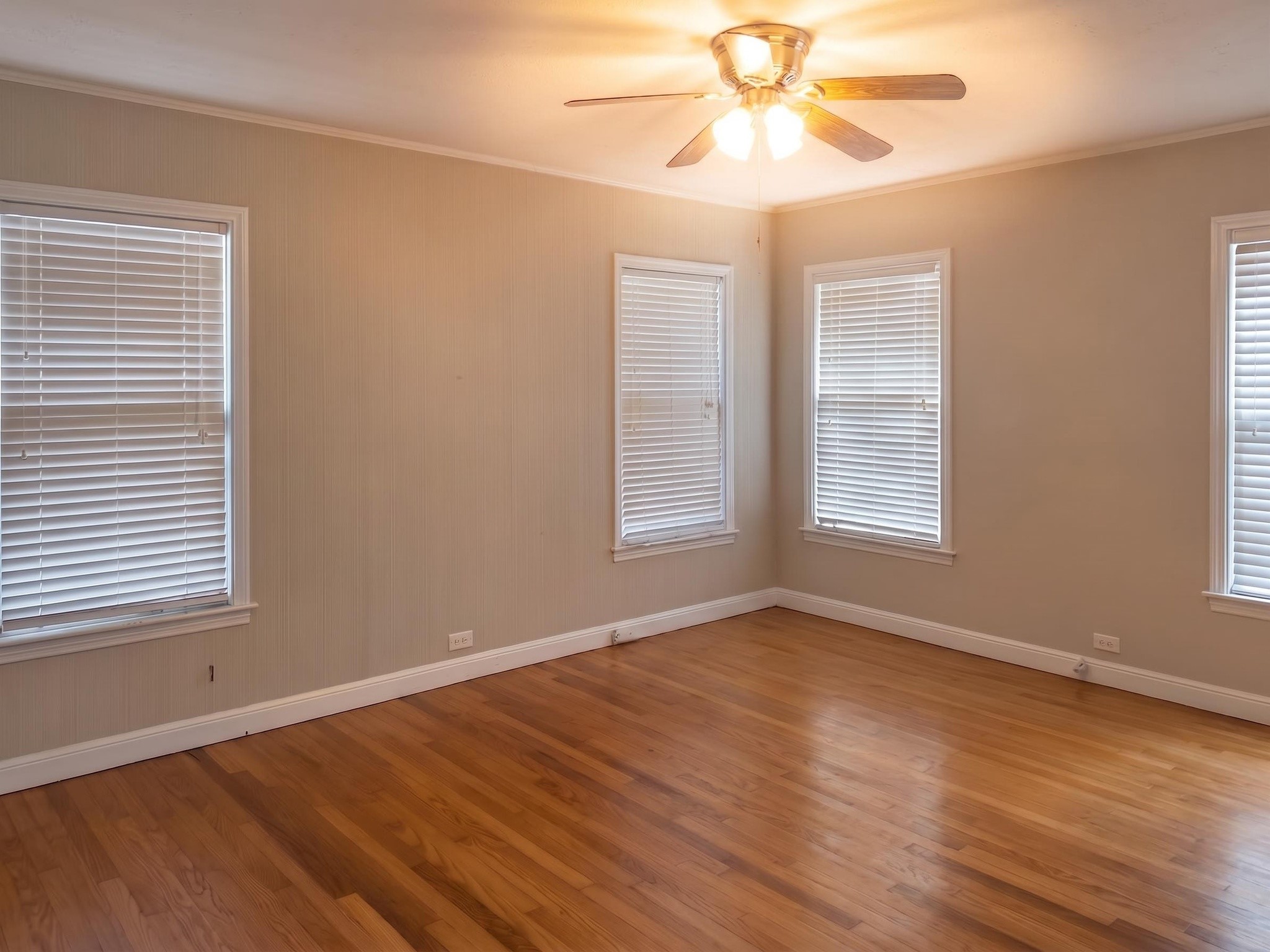 2313 Avenue L Rosenberg, TX 77471 - Photo 18 of 31 Spacious bedroom with beautiful hardwood floors, multiple windows for natural light, and a ceiling fan for year-round comfort.