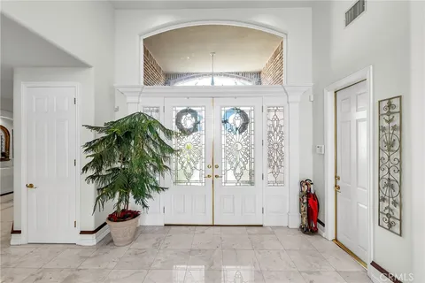 an entryway with wooden floor and a potted plant