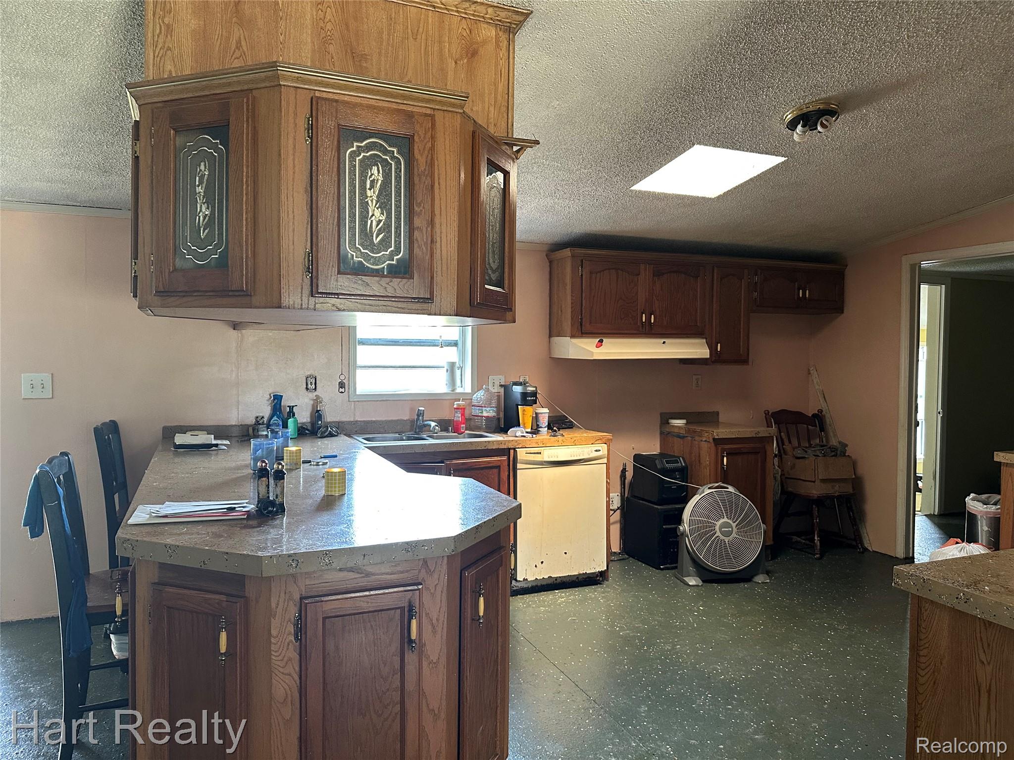 15686 Jeddo Road Brown City, MI 48416 - Photo 15 of 25 Kitchen featuring wood-finish cabinetry with decorative inserts, laminate countertops, and a skylight