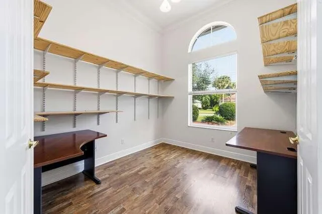 a view of room with window and wooden floor