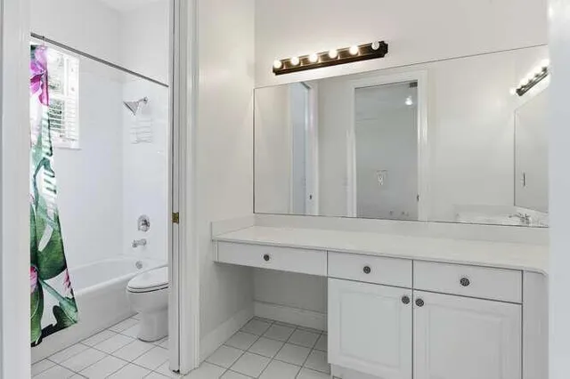 a bathroom with a shower and a toilet