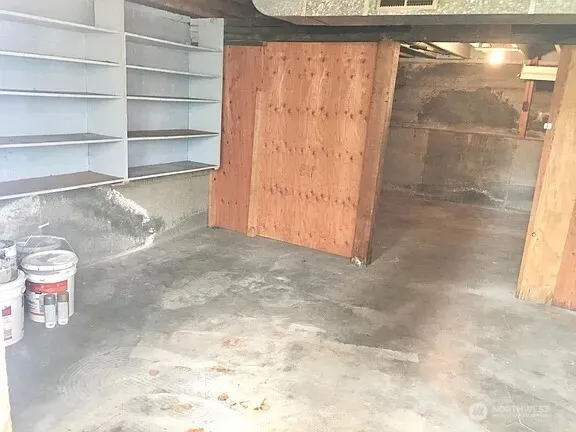 a view of a room with shelves