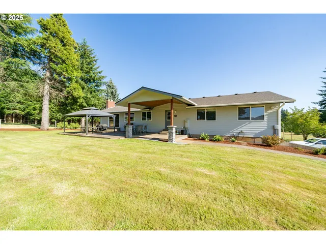 a house view with swimming pool in front of it