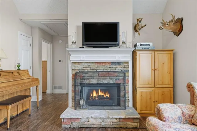 a living room with a fireplace a flat screen tv and a fireplace