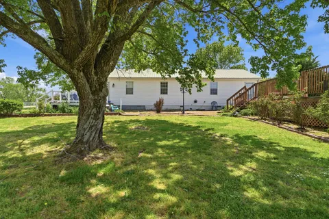 a backyard of a house with plants and large trees