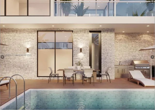 a dining room with furniture and floor to ceiling window