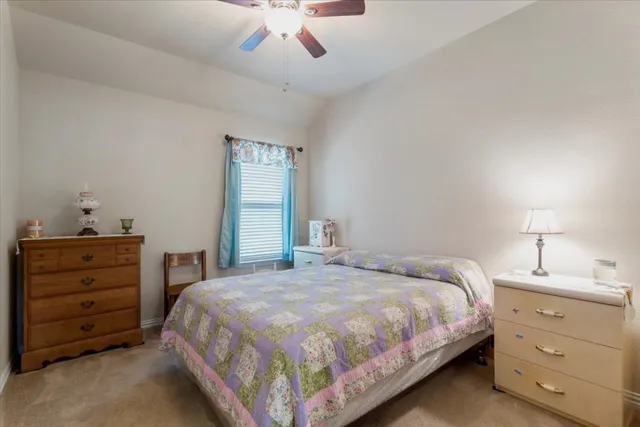 a bedroom with a bed and a ceiling fan