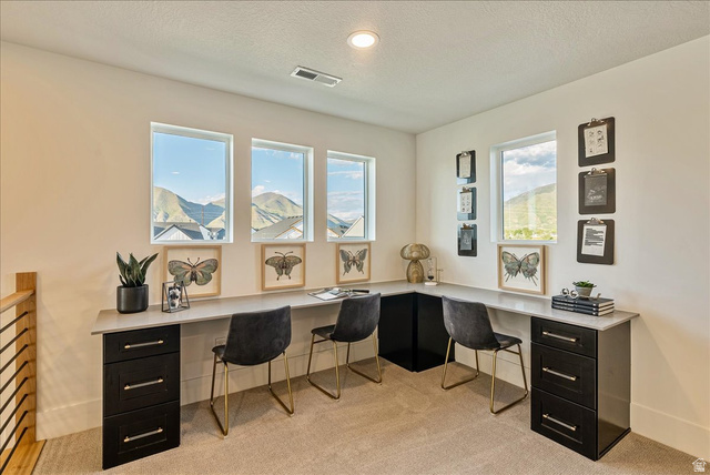 2458 West Aurora Avenue, Unit 287 Mapleton, UT 84664 - Photo 13 of 24 Loft space featuring built in desk, light colored carpet, a textured ceiling, and recessed lighting
