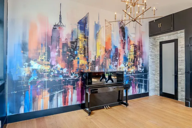 a kitchen view with wooden cabinets and a counter top space