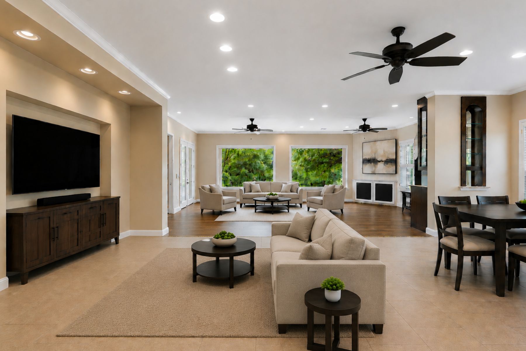 109 Crystal Springs Drive Georgetown, TX 78633 - Photo 5 of 29 Recessed lighting illuminates this versatile living space with multiple ceiling fans and natural outdoor views.
