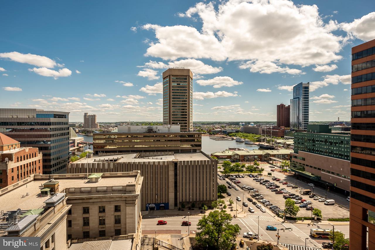 a city view with tall buildings