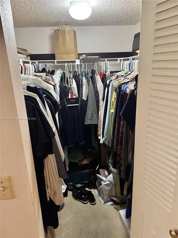 a view of walk in closet with clothes and shoes