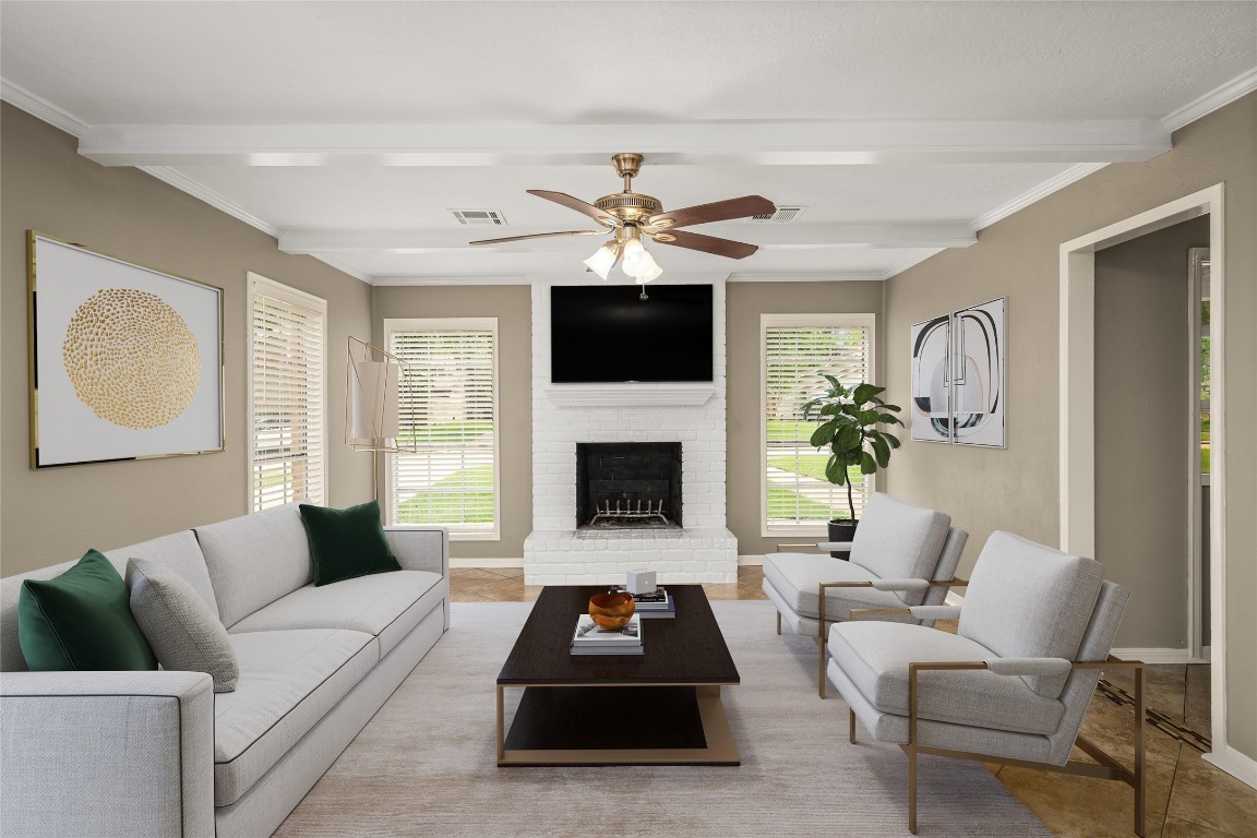 24915 Butterwick Drive Spring, TX 77389 - Photo 9 of 20 Cozy up in your family room! The floor-to-ceiling brick fireplace and traditional beamed ceiling create a warm, inviting atmosphere for you. VIRTUALLY STAGED