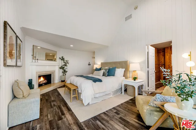 a living room with furniture a fireplace and a potted plant