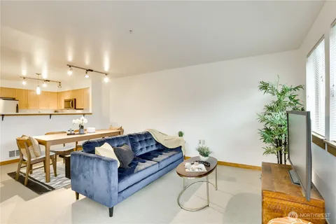 a living room with furniture and a potted plant