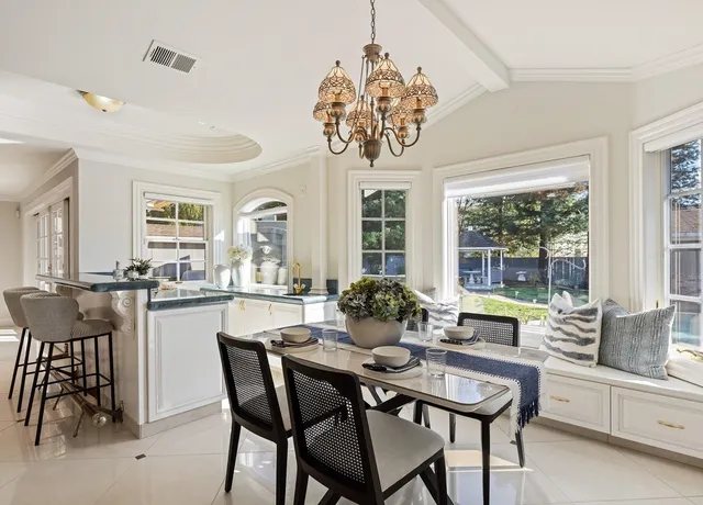 a view of a dining room with furniture and window