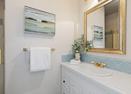 an aerial view of a house with outdoor space and a garden