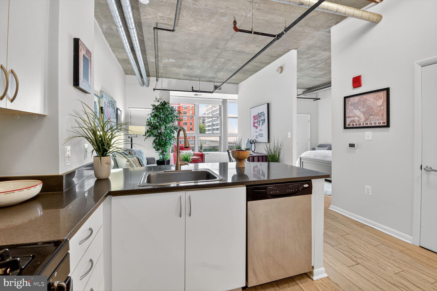 1300 N Street Northwest, Unit 214 Washington, DC 20005 - Photo 8 of 41 a kitchen with stainless steel appliances a sink a potted plant and wooden floor